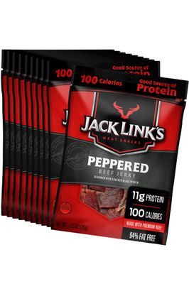 Jack Links Beef Jerky, Peppered, 1.25 oz. Bags, 10 Count - Flavorful Meat Snack for Lunches, 11g of Protein and 100 Calories, Made with 100% Beef - 94% Fat Free, No Added MSG or Nitrates/Nitrites