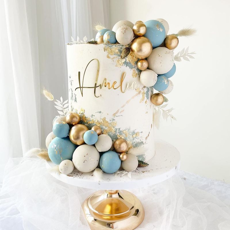 Ball Cake Topper Ball Cake Picks Colorful Pearl Ball Shaped Cupcake Insert Cake Topper for Bear Theme Birthday Party Favors Wedding Decoration Supplies (Blue White Gold)