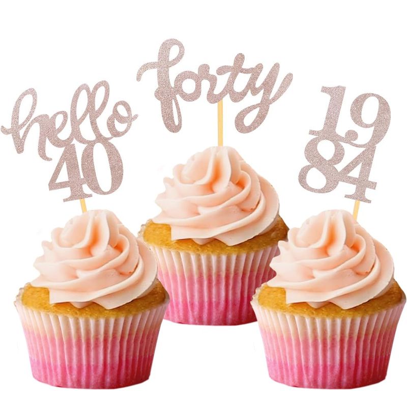 Rose Gold Glitter 40th Birthday Cupcake Toppers 40th Birthday Celebrating Party Decorations - Set of 24