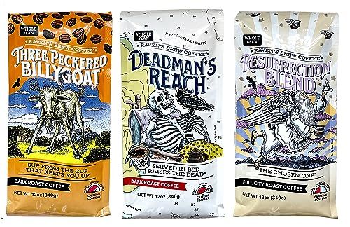 Raven&#39;s Brew Whole Bean Coffee Variety Pack - 3 Delicious Flavors - Three Peckered Billy Goat, Deadman&#39;s Reach and Resurrection Blend - 12oz each