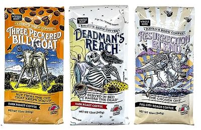 Raven&#39;s Brew Whole Bean Coffee Variety Pack - 3 Delicious Flavors - Three Peckered Billy Goat, Deadman&#39;s Reach and Resurrection Blend - 12oz each