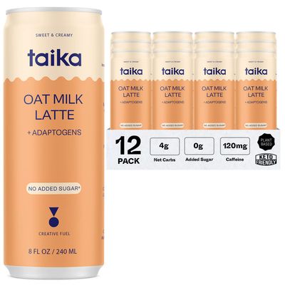Taika Oat Milk Latte - Creamy Mushroom Coffee w/Ashwagandha, Lions Mane, &amp; L-Theanine - Ready to Drink Coffee in Cans - (Oat Milk Latte, 8 Fl Oz (Pack of 12))