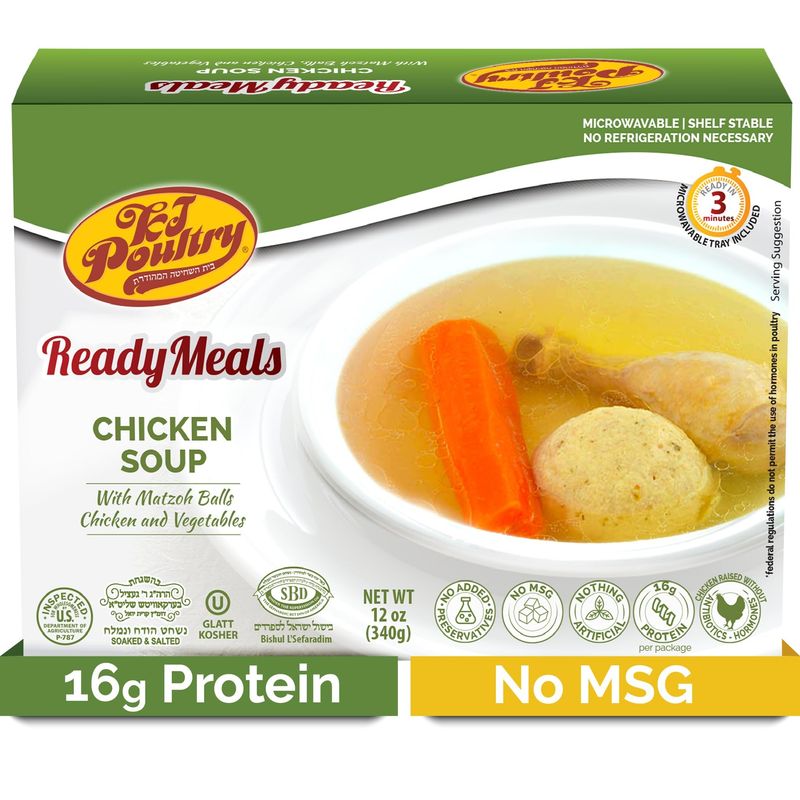 KJ Poultry Kosher Ready Meals - Matza Ball Chicken Soup &amp; Vegetables, CHOMETZ NOT for PASSOVER, MRE Meat Meals Ready to Eat, Shabbos Food (1 Pack) Fully Cooked Entree, Shelf Stable Microwave Dinner