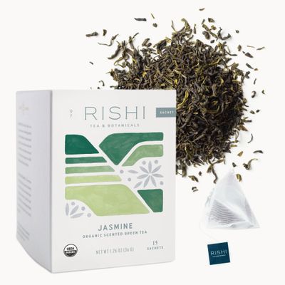 Rishi Tea Jasmine Green Tea - Organic Sachet Tea Bags, Caffeinated Scented Chinese Green Tea with Floral Aroma &amp; Taste - 15 Count (Pack of 1)