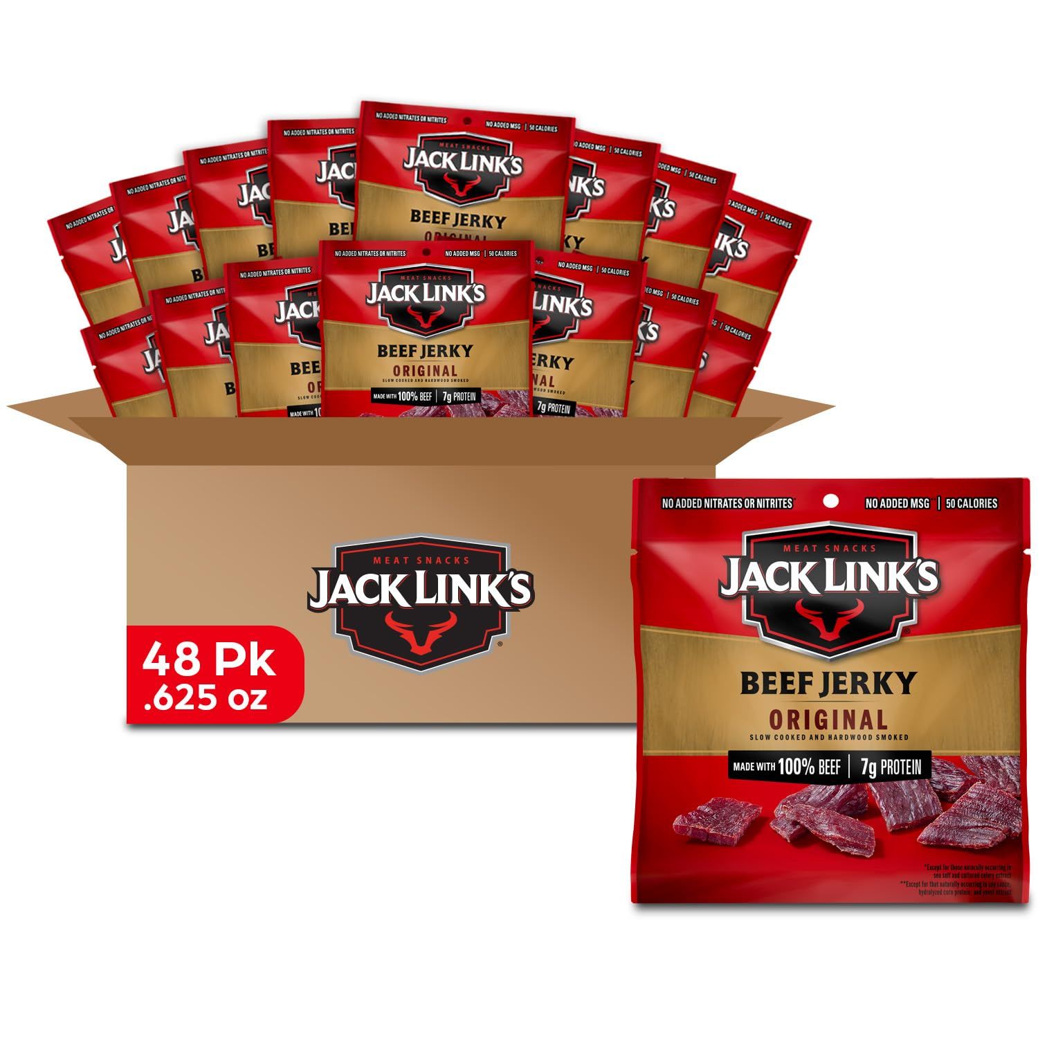 Jack Link&#39;s Beef Jerky, Original, 0.625 Ounce Bags (Pack of 48), Flavorful Meat Snack for Lunches &amp; More, 8g Protein, 50 Calories, Made with 100% Beef and 96% Fat Free, No Added MSG or Nitrates