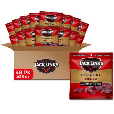 Jack Link&#39;s Beef Jerky, Original, 0.625 Ounce Bags (Pack of 48), Flavorful Meat Snack for Lunches &amp; More, 8g Protein, 50 Calories, Made with 100% Beef and 96% Fat Free, No Added MSG or Nitrates