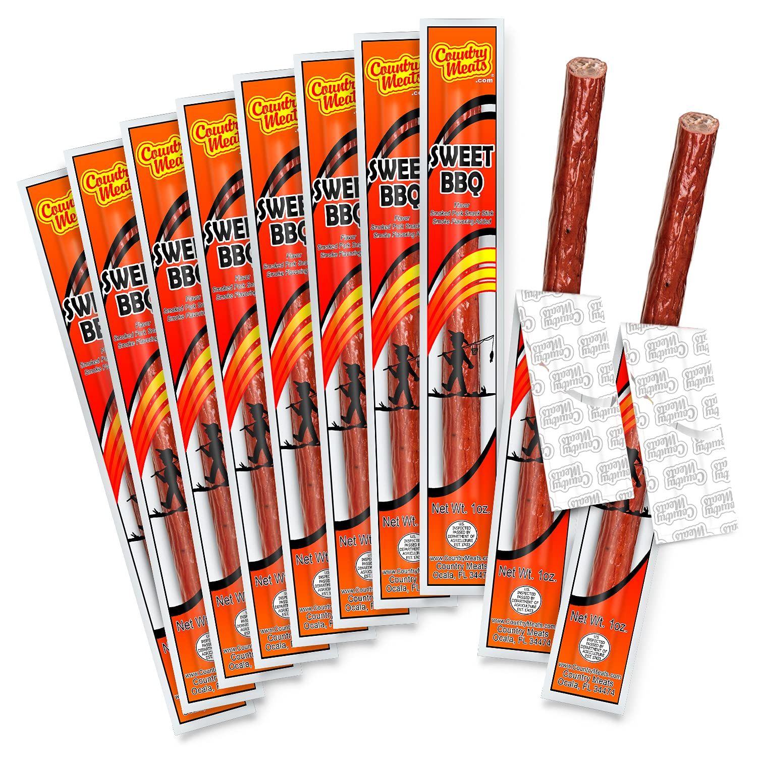 Country Meats, Meat Sticks, 0 Trans Fat, USDA Certified, Good Source of Protein, Carb Conscious Snack (10 Meat Sticks, Sweet BBQ)