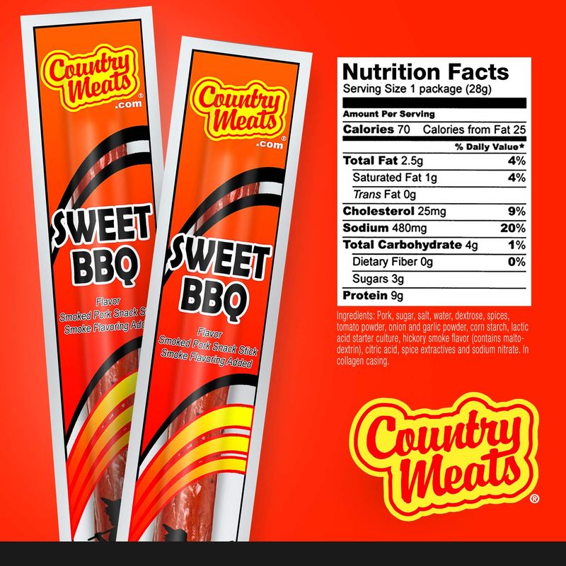 Country Meats, Meat Sticks, 0 Trans Fat, USDA Certified, Good Source of Protein, Carb Conscious Snack (10 Meat Sticks, Sweet BBQ)