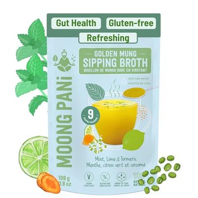 MOONG PANI Vegetable Broth Soup Powder (Mint, Lime &amp; Turmeric) Gluten-Free, Lower Sodium, Detox, All Natural, Keto, Fiber Protein, Plant-Based Mung Bean,9 Servings