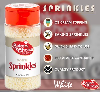 Bakers Choice White Sprinkles for Baking - Jimmies Sprinkles for Ice Cream Toppings - Dairy Free, Kosher 2.8 oz.