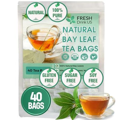 FreshDrinkUS, Premium 40 Bay Leaf Tea Bags, 100% Natural &amp; Pure from Bay Leaves. Loose Leaf Bay Herbal Tea. Made with Natural Material Tea Bags, No Sugar, No Caffeine, No Gluten, Vegan.