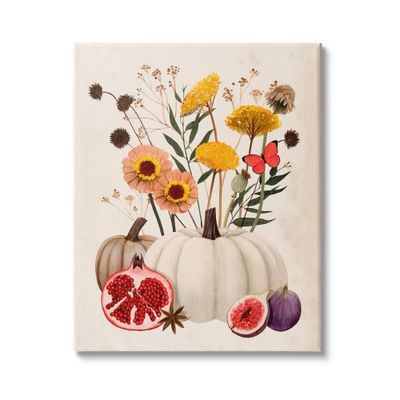 Stupell Industries Autumn Harvest Arrangement Pumpkin Pomegranate Fig Fruits Canvas Wall Art, 16 x 20, Beige