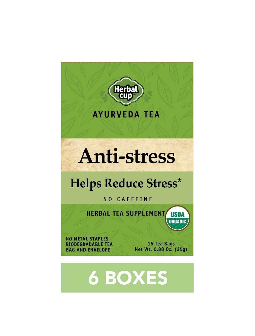 Herbal Cup Ayurveda Tea, Organic Anti-Stress, No Caffeine Herbal Supplement (Anti-Stress, 16 Count (Pack of 6))