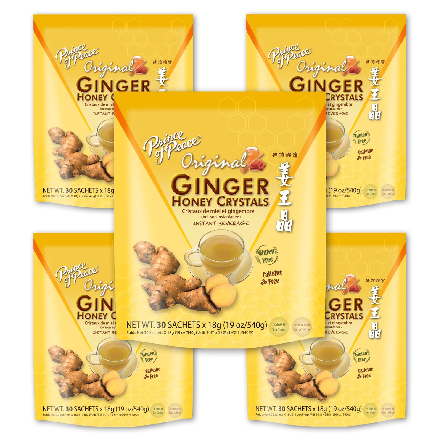 Prince of Peace Instant Ginger Honey Crystals, 5 Packs of 30 Sachets - Instant Hot or Cold Beverage - Easy to Brew Ginger and Honey Crystals