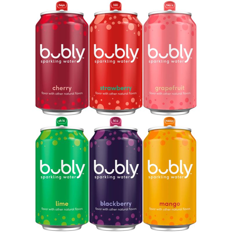bubly Sparkling Water, 6 Flavor Variety Pack (Blackberry, Lime, Cherry, Grapefruit, Strawberry, Mango), Zero Sugar &amp; Zero Calories, Seltzer Water, 12 Fl Oz Cans (Pack of 18)