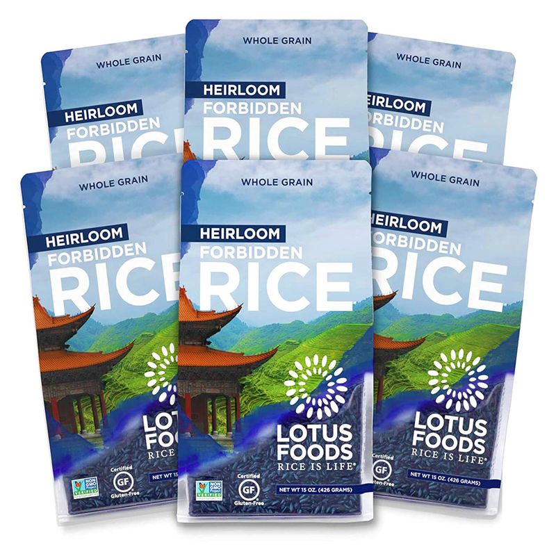 Lotus Foods Heirloom Forbidden Rice - Black Rice, Purple Rice, Black Rice Bulk, Gluten Free Heirloom Rice, Whole Grain, Non GMO, Vegan - 15 Oz Bag (Pack of 6)