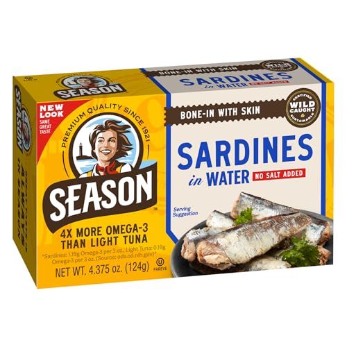 Season Sardines in Water - No Salt Added, Wild Caught, 22g of Protein, Keto Snacks, More Omega 3&#39;s Than Tuna, Kosher, High in Calcium, Canned Sardines - 4.37 Oz Tins, 12-Pack