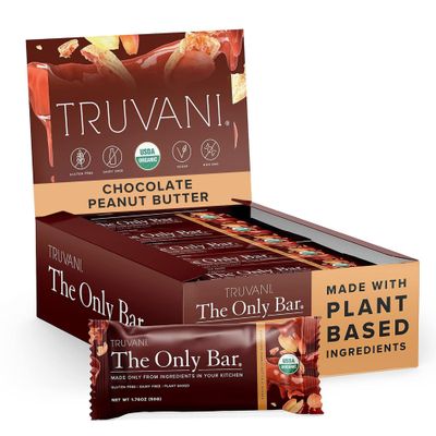 Truvani Plant Based Snack Bar | Chocolate Peanut Butter 12 Pack | 7g Protein | USDA Organic and Vegan | The Only Bar | Dairy, Soy, and Gluten Free | Individually Wrapped