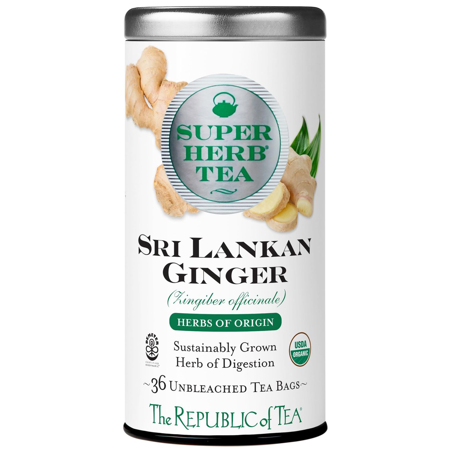 The Republic of Tea - Organic Sri Lankan Ginger SuperHerb Tea Tin, 36 Biodynamic Herbal Tea Bags, Naturally Caffeine-Free Herbs of Origin