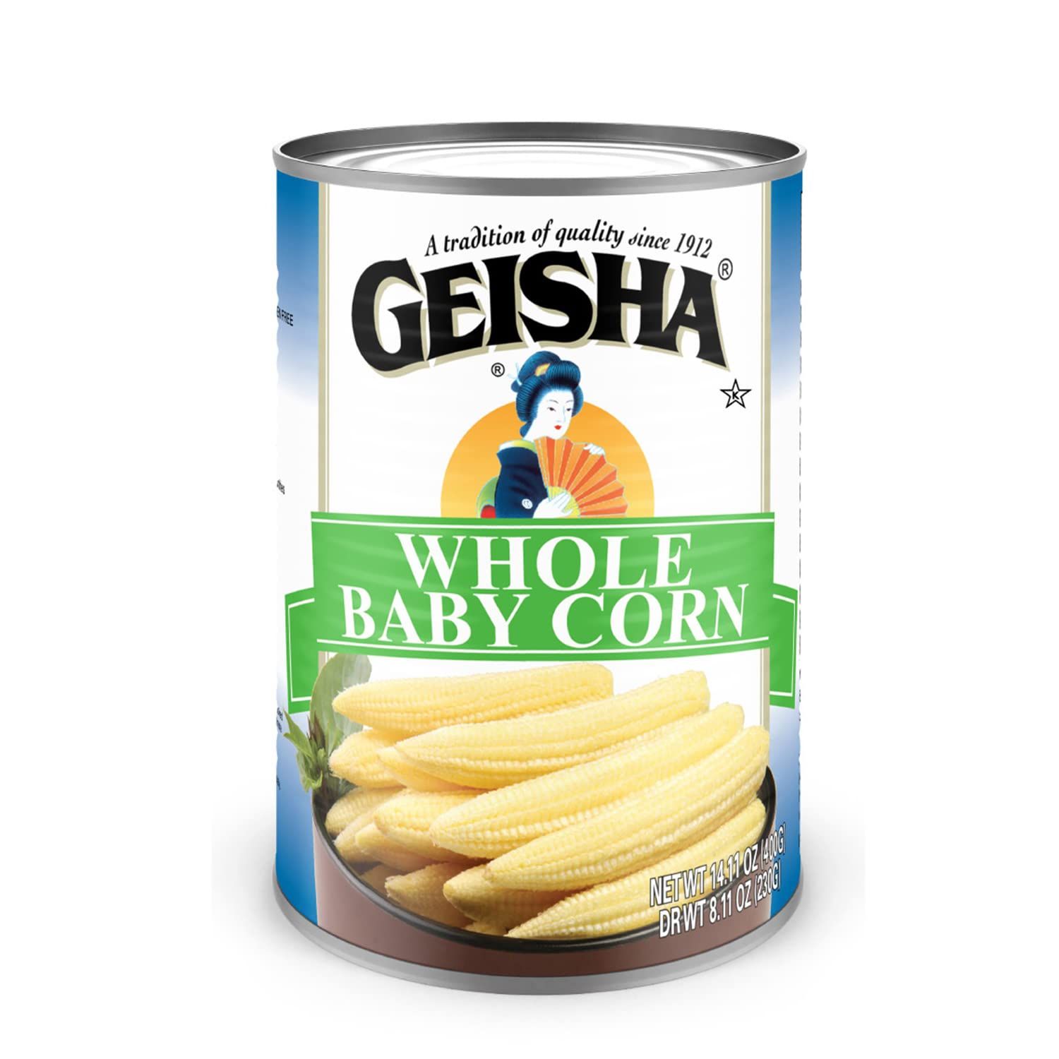 GEISHA Whole Baby Corn 14.11 oz (Pack of 12), Young Corn| Zero Trans Fat - Zero Saturated Fat - Good Source of Fiber - No Sugar Added - Gluten Free