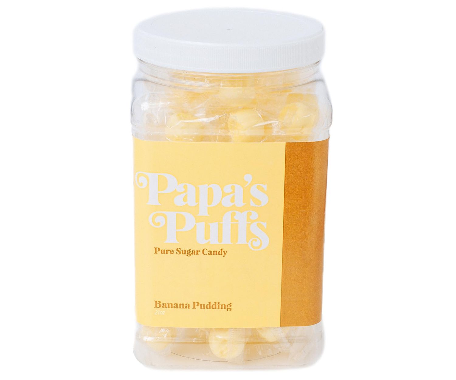 Papa&#39;s Puffs Banana Pudding Flavored Pure Sugar Candy - Individually Wrapped in Resealable Tub - Fat-Free, Gluten-Free, Cholesterol-Free - Manufactured in the USA