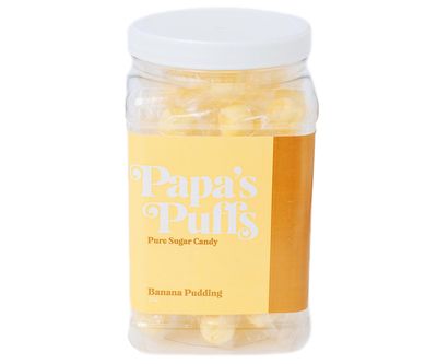 Papa&#39;s Puffs Banana Pudding Flavored Pure Sugar Candy - Individually Wrapped in Resealable Tub - Fat-Free, Gluten-Free, Cholesterol-Free - Manufactured in the USA