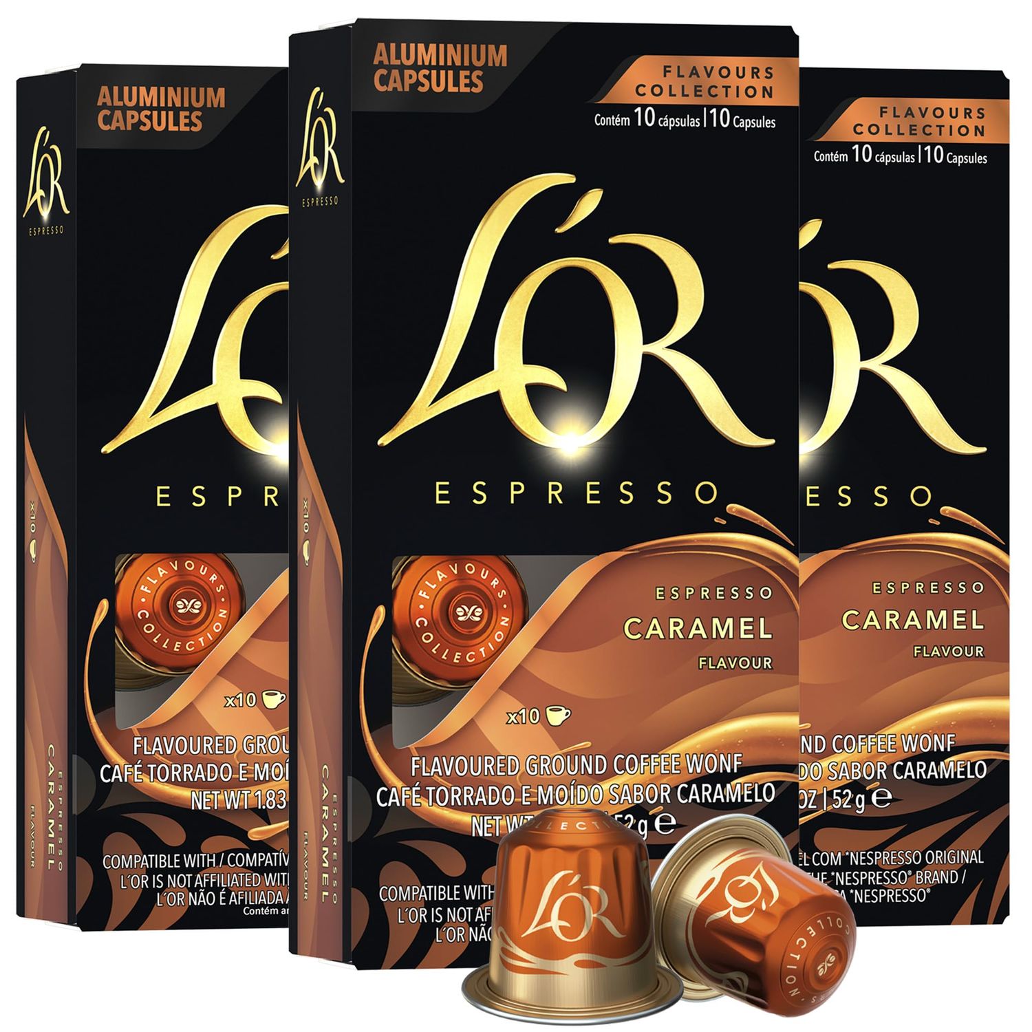 L&#39;OR Espresso Capsules, 30 Count Caramel, Single-Serve Aluminum Coffee Capsules Compatible with the L&#39;OR BARISTA System &amp; *Nespresso Original Machines