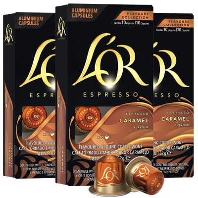 L&#39;OR Espresso Capsules, 30 Count Caramel, Single-Serve Aluminum Coffee Capsules Compatible with the L&#39;OR BARISTA System &amp; *Nespresso Original Machines