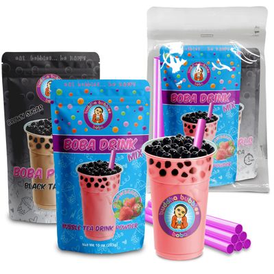 STRAWBERRY CREAM Boba Tea Kit Includes Tea Powder, Real Tapioca Pearls &amp; Straws By Buddha Bubbles Boba