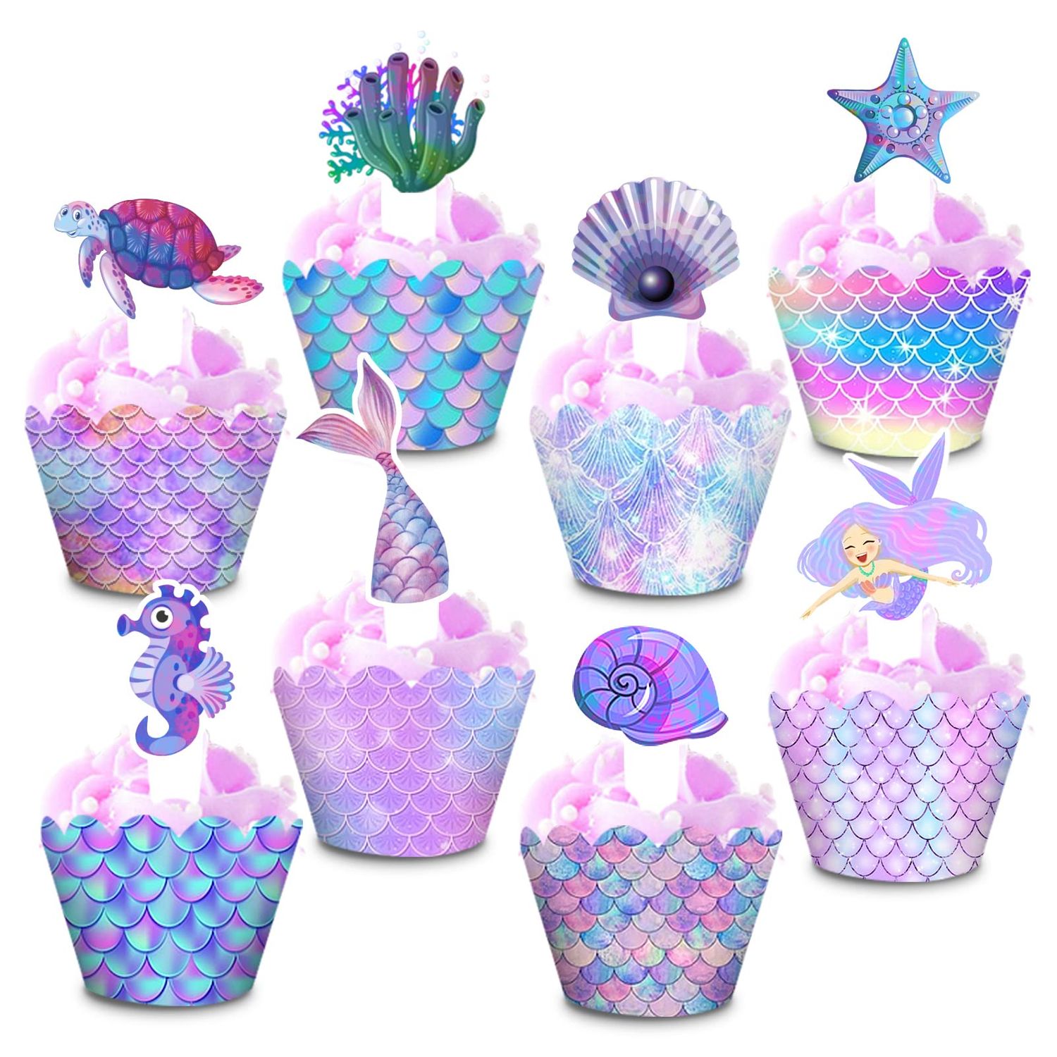 48 Pieces Mermaid Cupcake Toppers Ocean Cupcake Wrappers Kit for Under The Sea Party Baby Shower Party Favors Cake Decoration