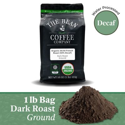 The Bean Organic Coffee Company 50/50 (Half Caff) French Roast, 50% Decaf, Dark Roast, Ground Coffee, 16-Ounce Bag, Caf Molido Tostado Orgnico descafeinado