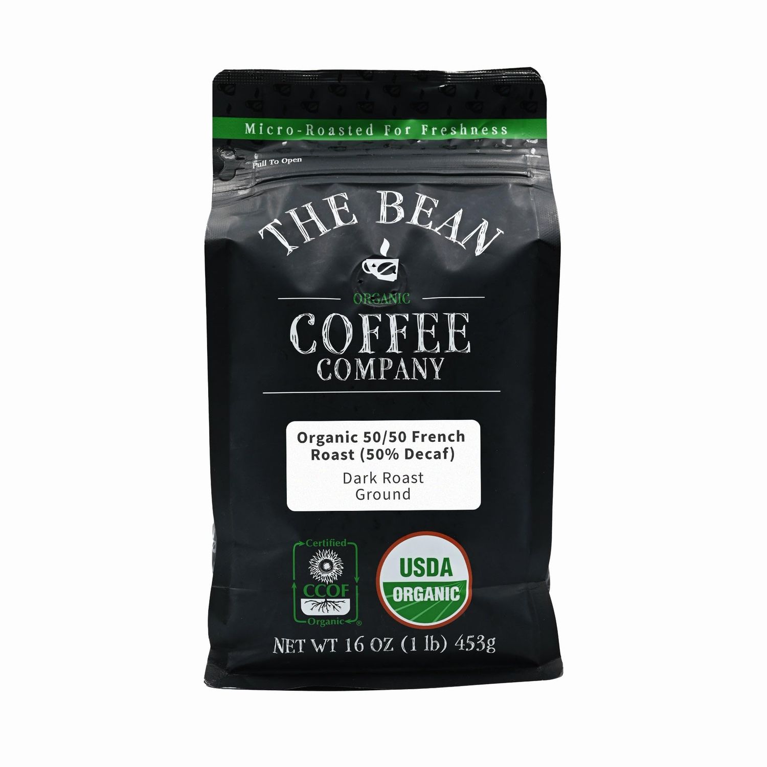 The Bean Organic Coffee Company 50/50 (Half Caff) French Roast, 50% Decaf, Dark Roast, Ground Coffee, 16-Ounce Bag, Caf Molido Tostado Orgnico descafeinado
