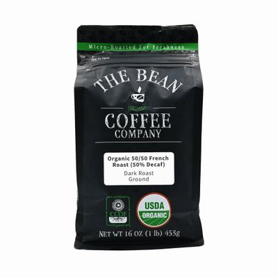 The Bean Organic Coffee Company 50/50 (Half Caff) French Roast, 50% Decaf, Dark Roast, Ground Coffee, 16-Ounce Bag, Caf Molido Tostado Orgnico descafeinado