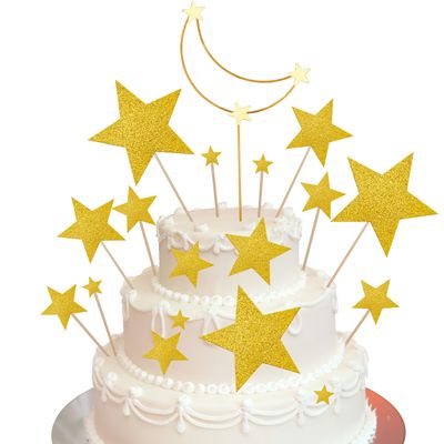 Chinco 37 Pieces Gold Glitter Star Cake Toppers Star and Moon Cupcake Topper Moon Cake Toppers Star Cake Decoration for Party Wedding Valentine&#39;s Day Cake Decoration