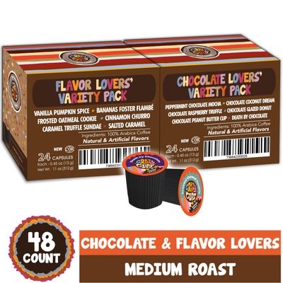 Crazy Cups Flavored Coffee Pods Variety Pack - Coffee Flavors and Chocolate Coffee Flavors for Keurig K Cups Machines, Medium Roast, Single Serve Coffee Pods, 48 Count
