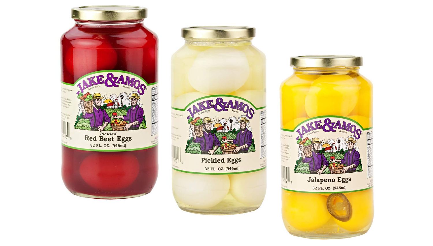 Jake &amp; Amos Pickled Eggs Variety 3-Pack 34 oz. Jars: Red Beet Eggs, Pickled Eggs, Jalapeo Eggs