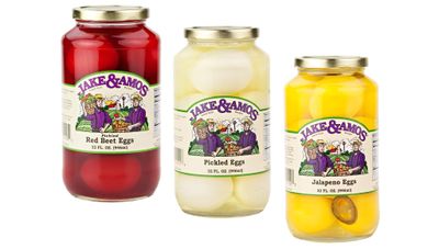 Jake &amp; Amos Pickled Eggs Variety 3-Pack 34 oz. Jars: Red Beet Eggs, Pickled Eggs, Jalapeo Eggs