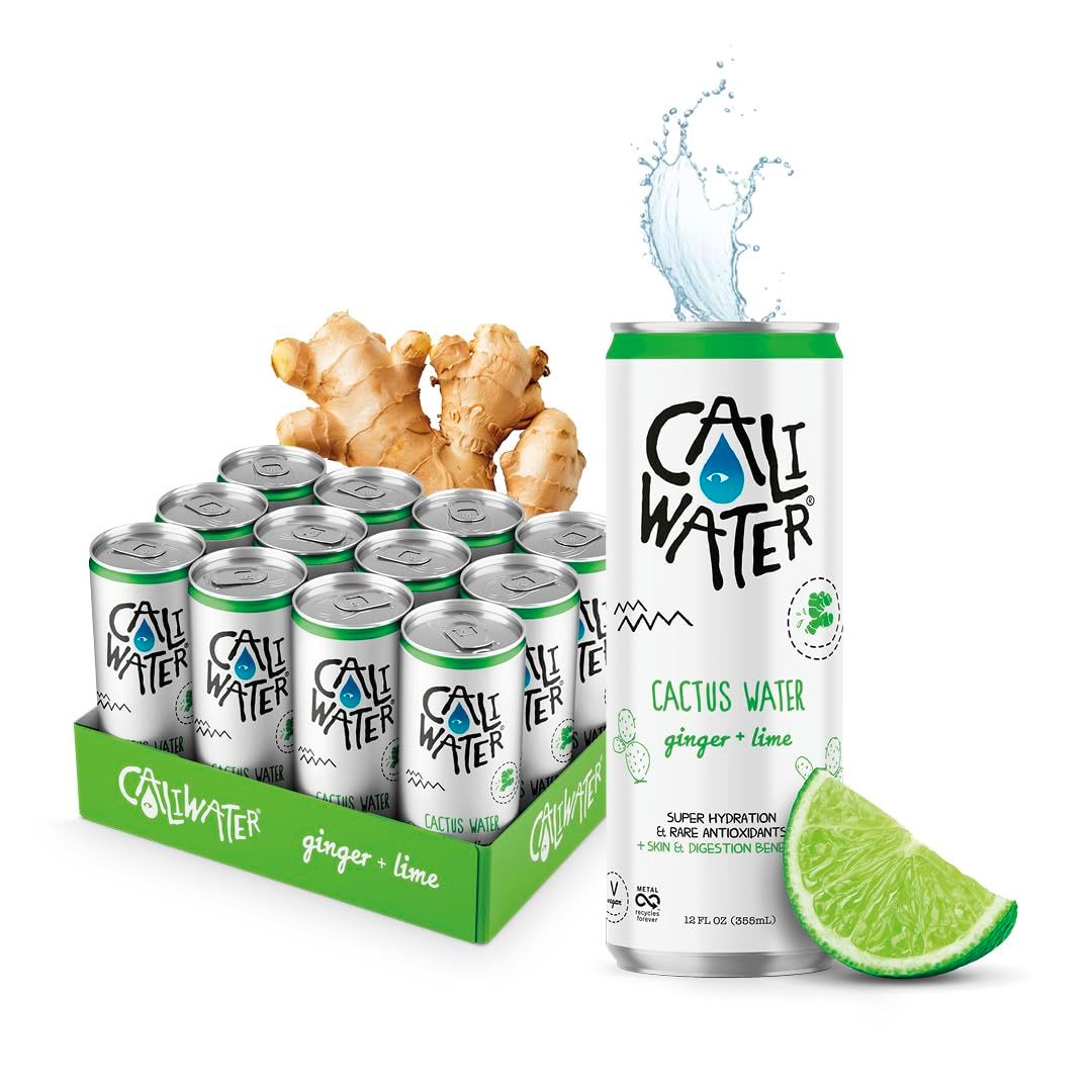 Caliwater - Organic Cactus Water - Ginger and Lime - 5g Sugar, 25 Calories - Coconut Water Alternative - Natural Plant Based Hydration - Skin Care, Electrolyte Drinks - Flavored Water - 12 Cans