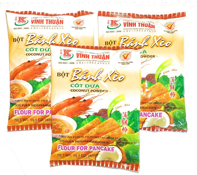 Vinh Thuan Vietnamese Pancake Prepared Flour Mix Bot Banh Xeo Cot Dua Coconut Powder With Turmeric 14.1 oz (3 Pack, 42.3 oz total)