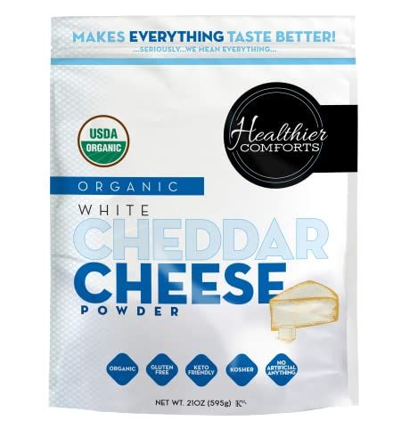 Healthier Comforts Organic White Cheddar Cheese Powder | Gluten Free, Kosher, Keto-Friendly, Non-GMO, Antibiotic &amp; Hormone Free | Perfect for Popcorn Seasoning, Mac and Cheese, Pasta &amp; Sauces (21 oz)