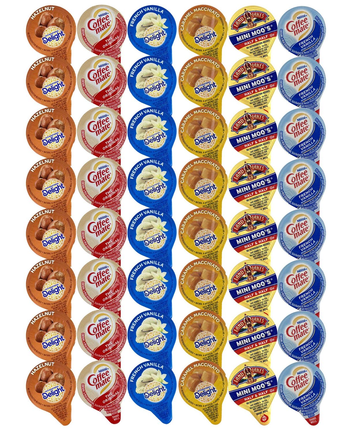 48 Assorted Coffee Creamer Singles Pack - 6 Flavored Variety Bundle, Including Caramel Macchiato, Half &amp; Half, French Vanilla, and Hazelnut
