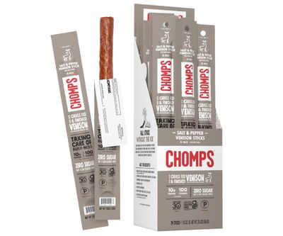 Chomps Grass Fed Venison Jerky Snack Sticks, Keto &amp; Paleo, Whole30 Approved, Non-GMO, Gluten Free, Sugar Free, Nitrate Free, 90 Calorie Snacks, 1.15 Oz Meat Stick, Pack of 24