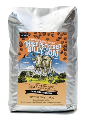 Raven&#39;s Brew Coffee Three Peckered Billy Goat, 12 Ounce - Dark Roast - Full Body with a Long Sweet Finish (Ground, 5 Lb)