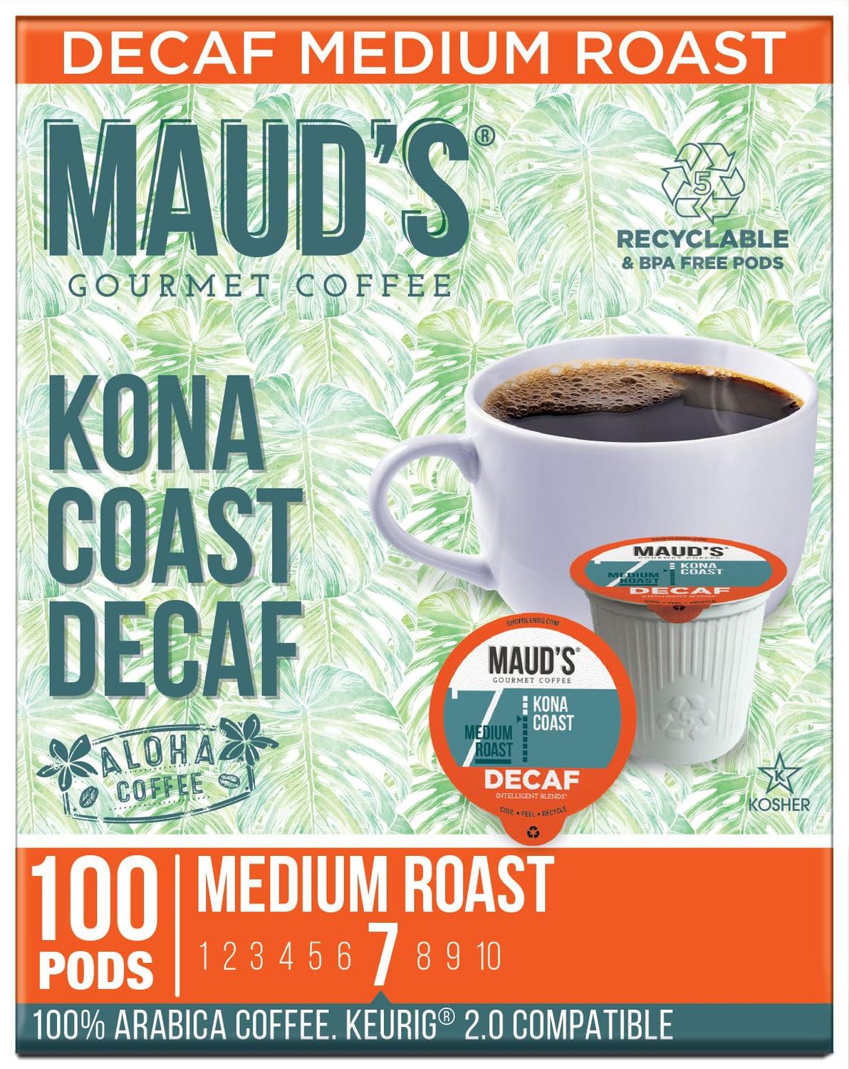 Maud&#39;s Decaf Kona Coffee Pods, 100 ct | Decaffeinated Kona Coast Blend | 100% Arabica Medium Roast Coffee | Solar Energy Produced Recyclable Pods Compatible with Keurig K Cups Maker