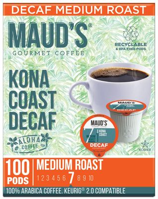 Maud&#39;s Decaf Kona Coffee Pods, 100 ct | Decaffeinated Kona Coast Blend | 100% Arabica Medium Roast Coffee | Solar Energy Produced Recyclable Pods Compatible with Keurig K Cups Maker