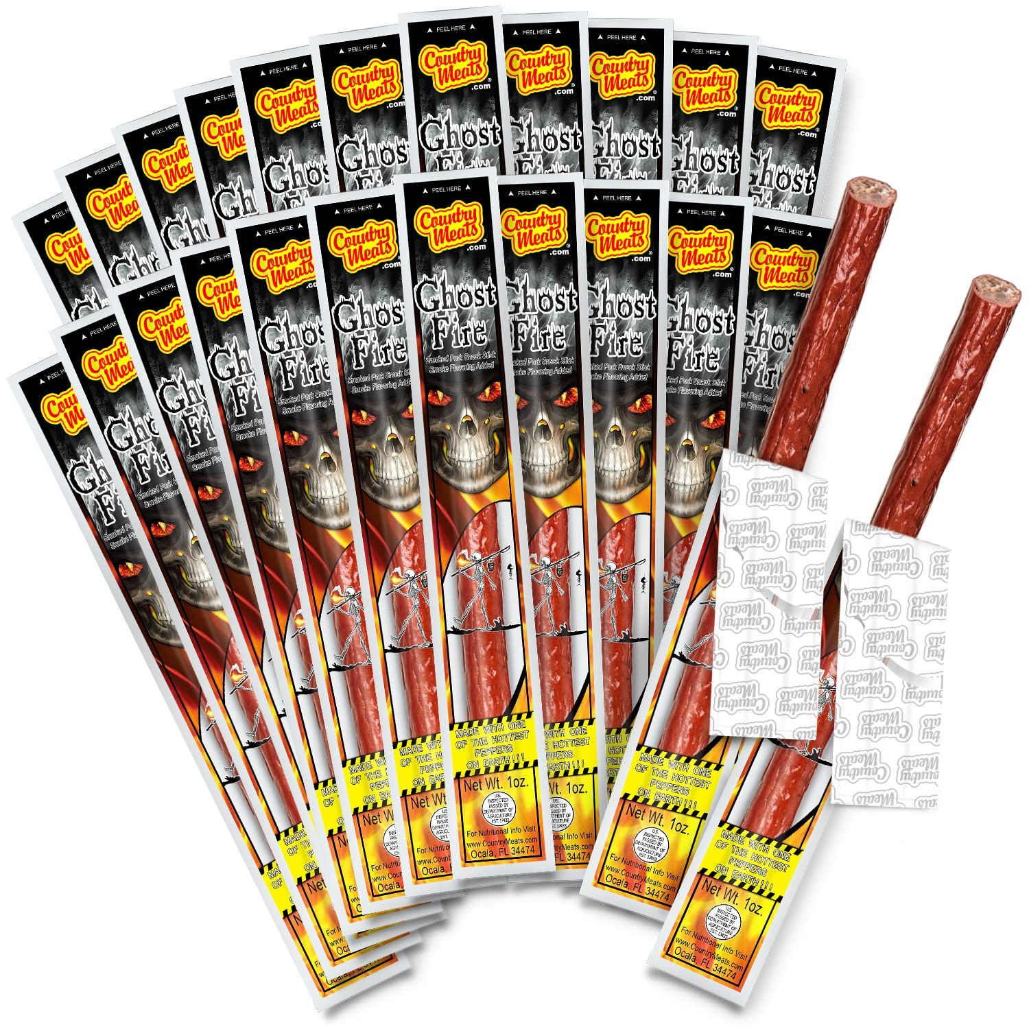 Country Meats, Meat Sticks, 0 Trans Fat, USDA Certified, Good Source of Protein, Carb Conscious Snack (24 Meat Sticks, Ghost Fire)
