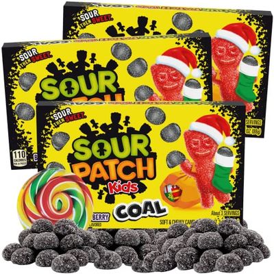 Holiday Sour Patch Kids Coal Theatre Box, Shareable Size Gummy Candy Packs, Stocking Stuffer, Gift Filler, Movie Night Candies, and More, 3 Pack, 3.1 Ounces Each