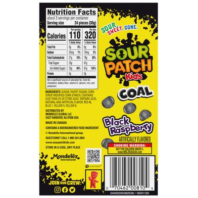 Holiday Sour Patch Kids Coal Theatre Box, Shareable Size Gummy Candy Packs, Stocking Stuffer, Gift Filler, Movie Night Candies, and More, 3 Pack, 3.1 Ounces Each