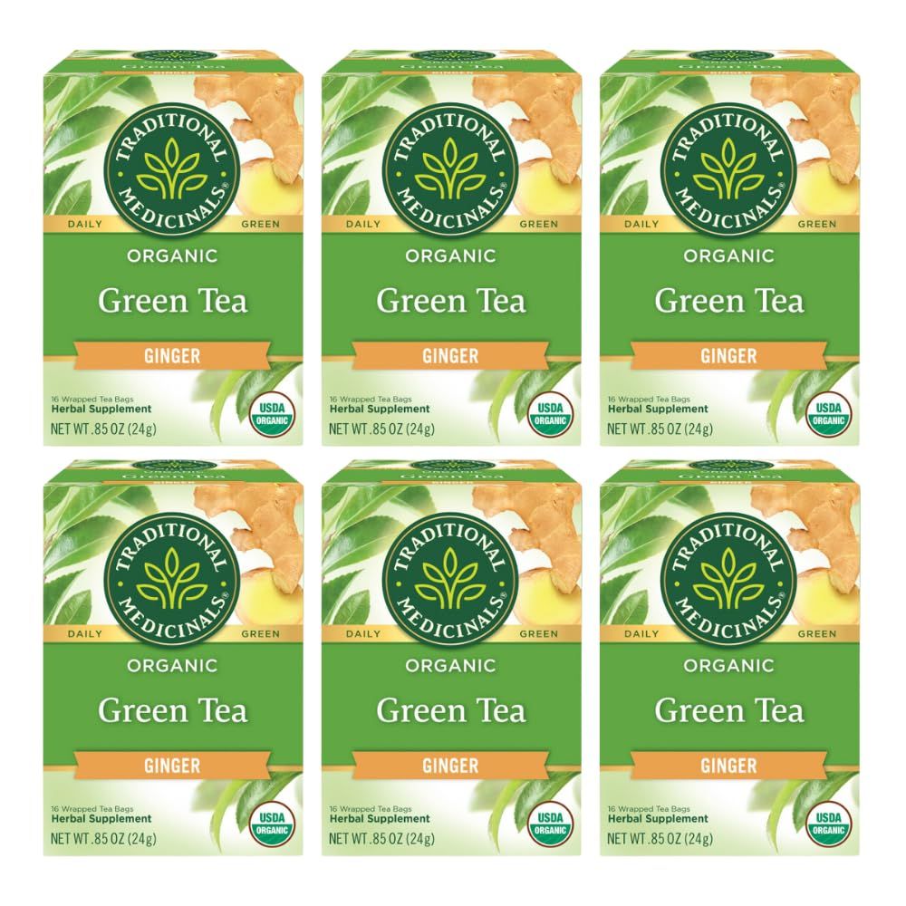 Traditional Medicinals Organic Green Tea Ginger Herbal Tea, Promotes Healthy Digestion, (Pack of 6) Total 96 Tea Bags