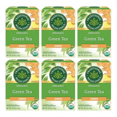 Traditional Medicinals Organic Green Tea Ginger Herbal Tea, Promotes Healthy Digestion, (Pack of 6) Total 96 Tea Bags